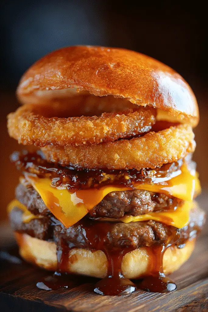 Ultimate bourbon-glazed onion ring burger with cheddar lava - easy gourmet recipe