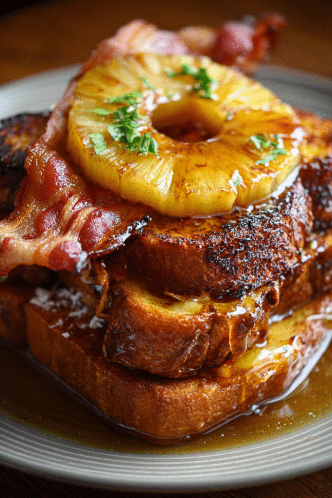 Upside-down rum-soaked pineapple bacon French toast recipe with premium brioche and artisan bacon