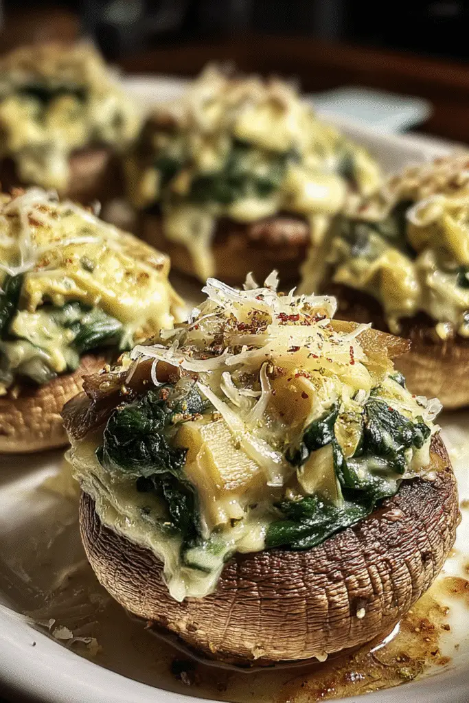 Vegetarian party appetizer stuffed mushrooms with cream cheese artichoke filling