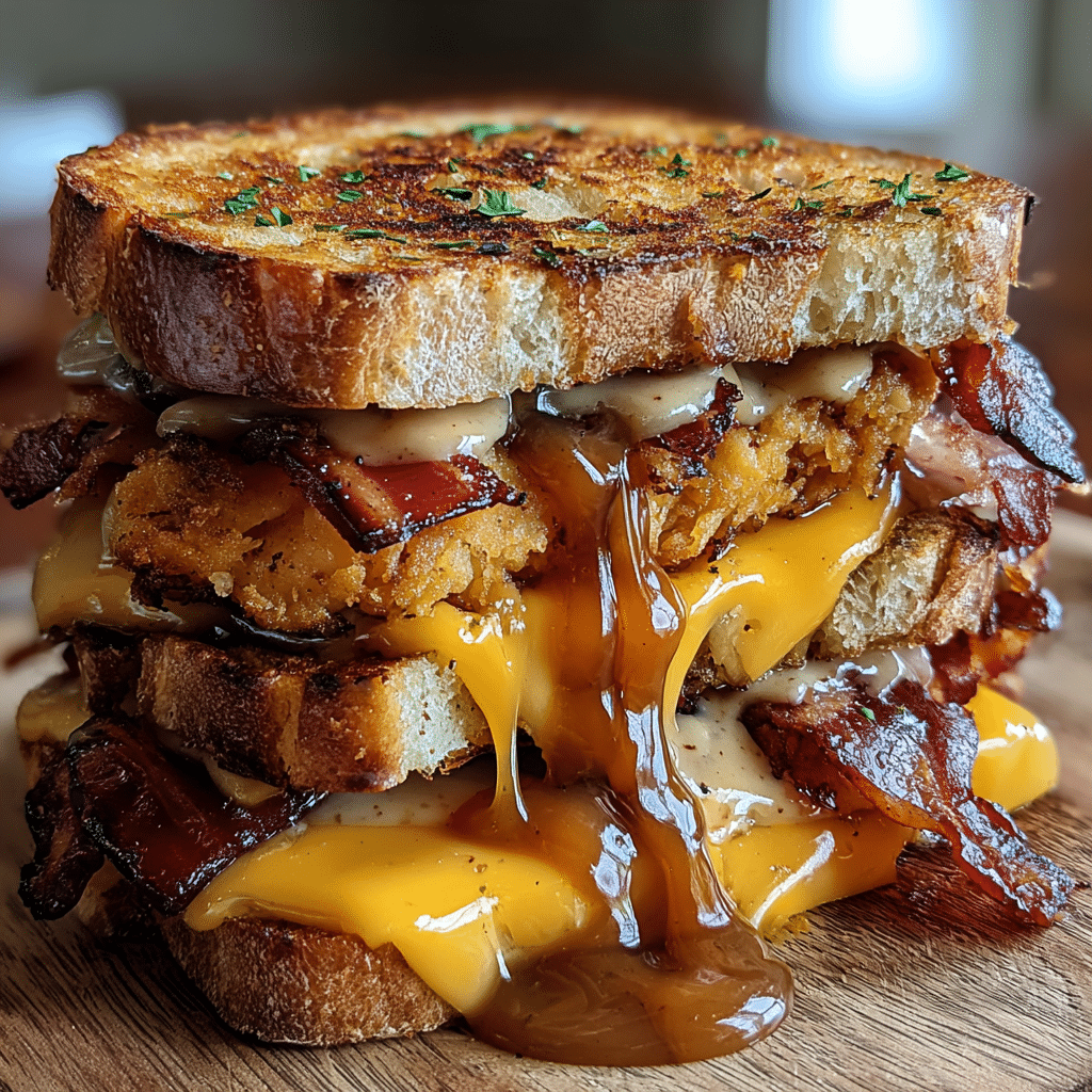 Whiskey BBQ Bacon Cheddar Melt on artisan sourdough with smoky bacon and whiskey BBQ sauce
