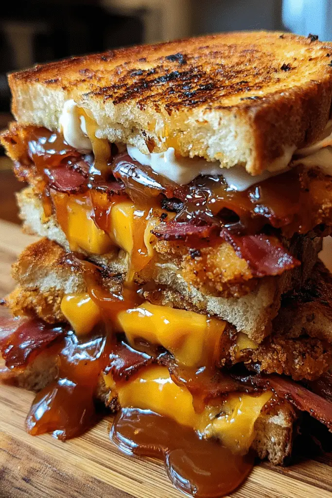 Close-up of Whiskey BBQ Bacon Cheddar Sourdough Melt with cheddar cheese melting over crispy bacon