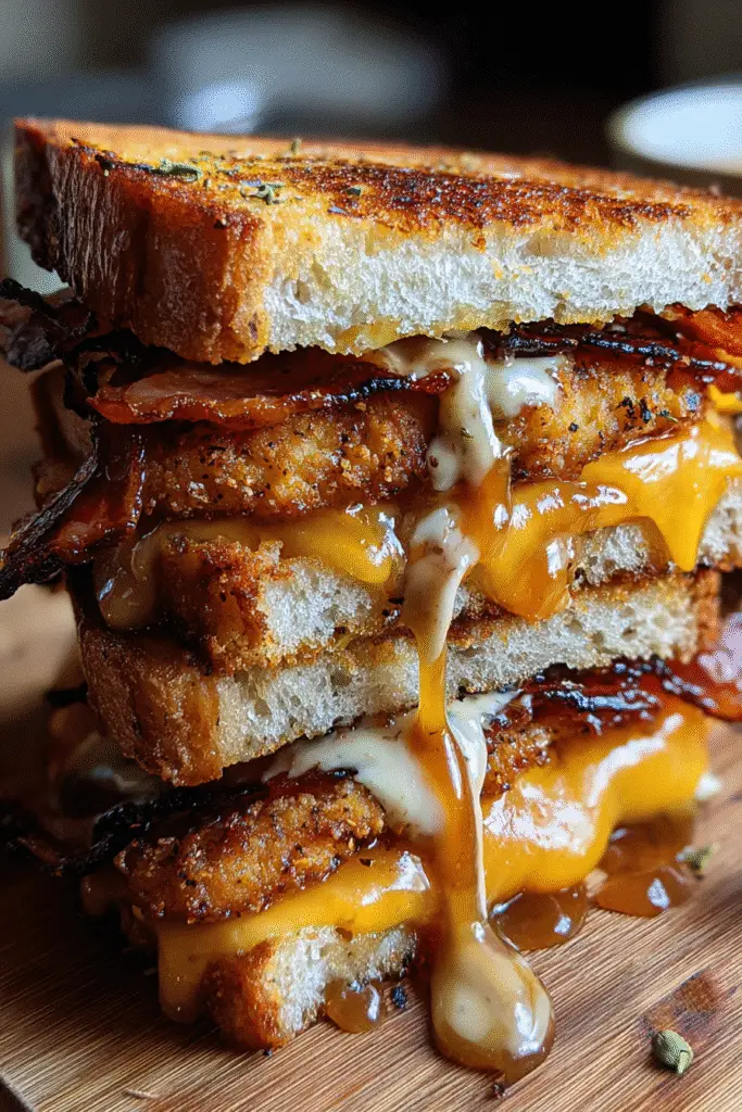 Whiskey BBQ Bacon Cheddar Sourdough Melt sliced in half showing gooey cheese