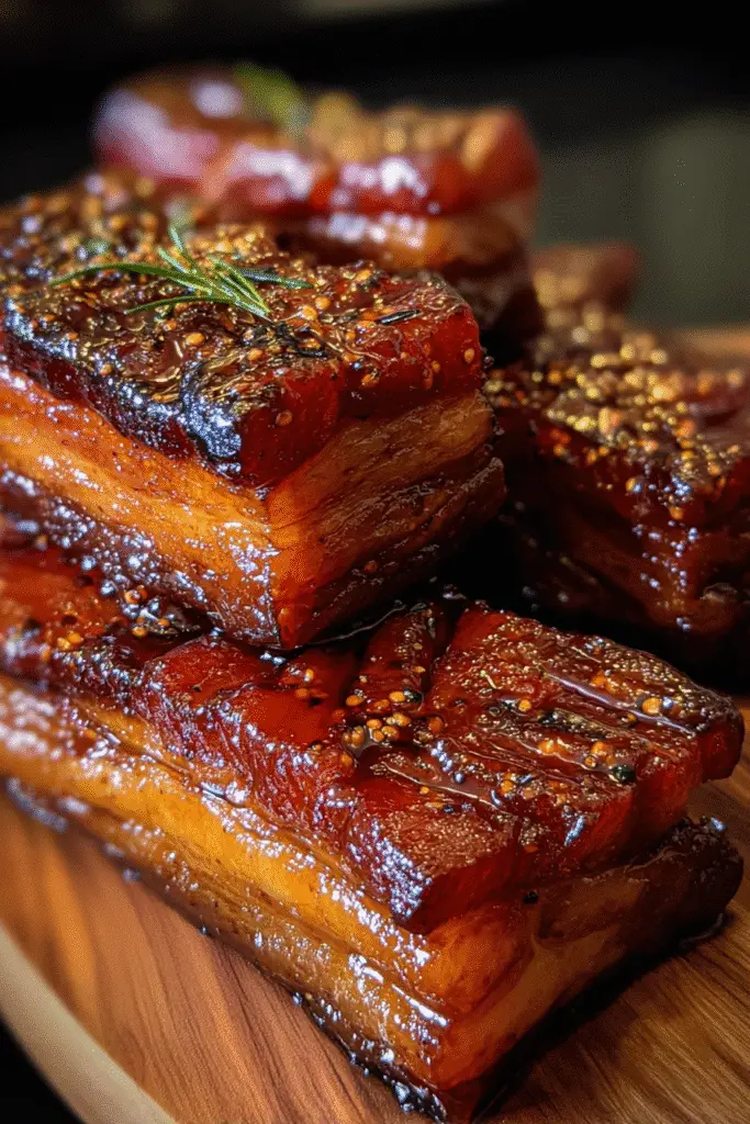 Pinterest-worthy Whiskey Brown Sugar BBQ Pork Belly recipe with bourbon marinade
