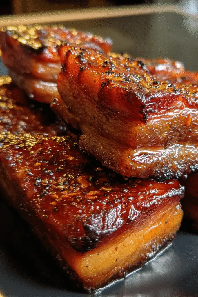 Step-by-step Whiskey Brown Sugar BBQ Pork Belly with caramelized sugar coating