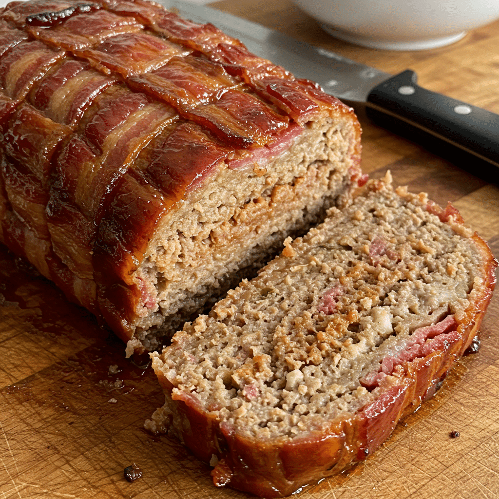 Whiskey glazed BBQ meatloaf with bacon weave featuring premium ground beef and artisan bacon lattice