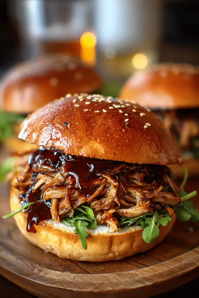 Whiskey Maple Pulled Pork Sandwich with smoky bourbon glaze