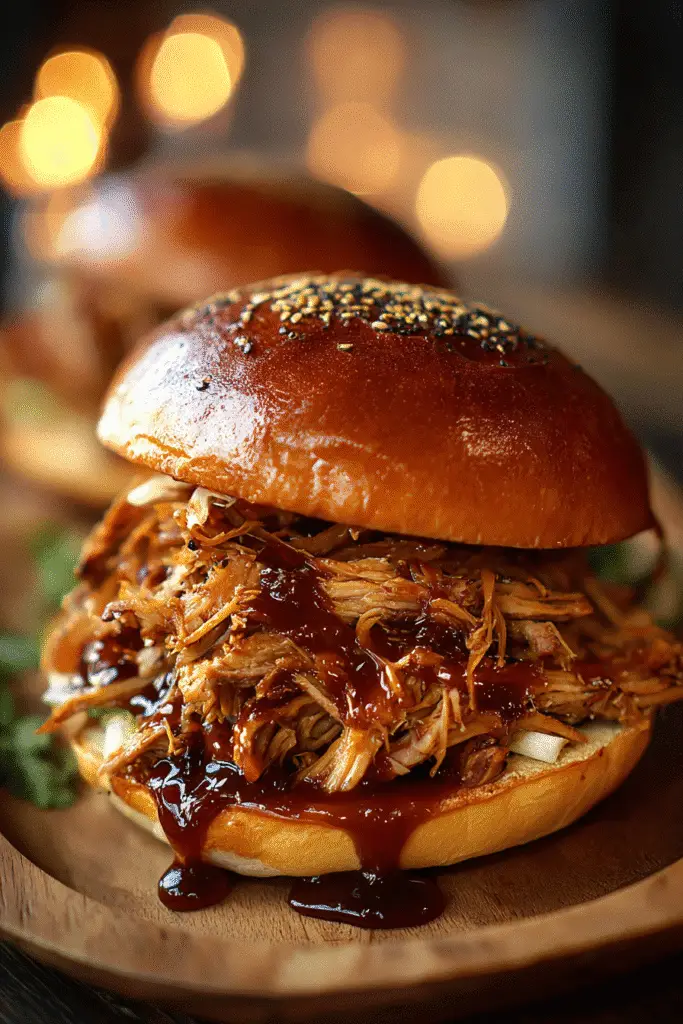 Whiskey Maple Pulled Pork Sandwich on pretzel bun
