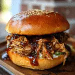 Whiskey Maple Pulled Pork Sandwiches on brioche buns with bourbon maple glaze
