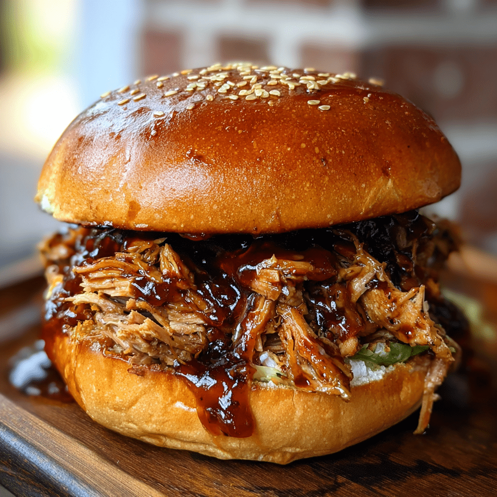 Whiskey Maple Pulled Pork Sandwiches on brioche buns with bourbon maple glaze