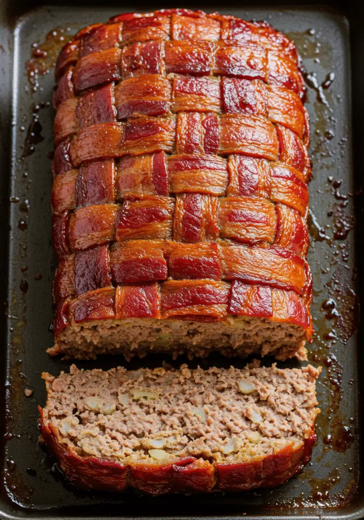 Step-by-step whiskey glazed meatloaf with bacon weave cooking process and ingredients