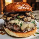 Whiskey mushroom Swiss smash burger with garlic butter drizzle - gourmet burger recipe