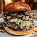 Whiskey mushroom Swiss smash burger with garlic butter drizzle - gourmet burger recipe