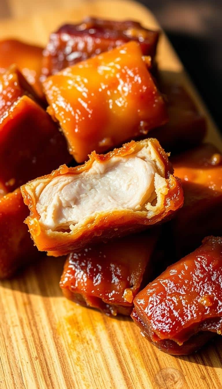 A close-up, beautifully lit, appetizing image of perfectly golden-brown pork belly bites, glistening with a delicate, caramelized brown sugar crust. The bites are neatly arranged on a rustic wooden board, showcasing their tender, juicy interior and crisp exterior. The lighting is soft and warm, casting a subtle shadow and highlighting the delicate textures. The image conveys an inviting, homemade feel, perfectly suited for serving, storing, and reheating the pork belly dish.