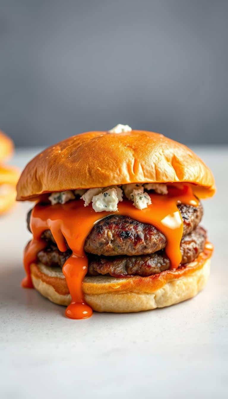 A close-up, high-angle view of a juicy, freshly made Buffalo blue cheese smash burger, set against a clean, light background. The burger bun is toasted to a golden brown, with a generous drizzle of buttery hot sauce cascading down the sides, creating a mouthwatering effect. The patty is seared to perfection, with crisp edges and a soft, tender center, topped with a melted blue cheese crumble. The overall composition conveys a sense of indulgence and the irresistible appeal of this flavorful, comfort-food creation.