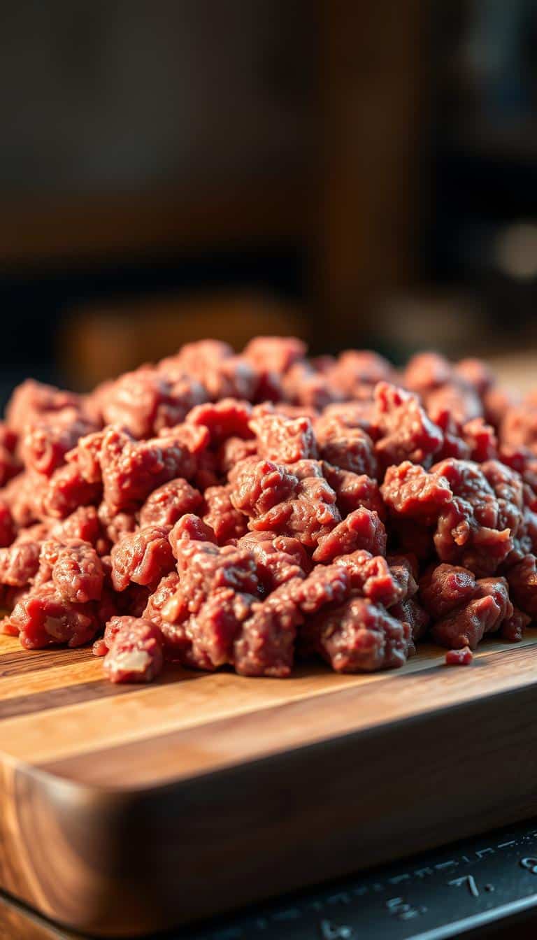 A close-up, high-resolution image of freshly ground beef on a butcher's block. The ground meat is a rich, earthy brown color with visible fat marbling, giving it a juicy and appetizing appearance. The lighting is soft and warm, casting gentle shadows that accentuate the texture and contours of the beef. The background is blurred, keeping the focus on the succulent ground meat in the foreground. The overall mood is one of culinary anticipation, inviting the viewer to imagine the delicious possibilities of this versatile ingredient.