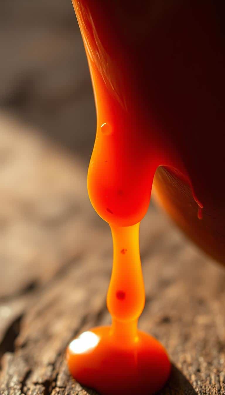 A close-up of a steaming, glossy hot sauce drip cascading down the side of a rustic wooden surface. The sauce has a deep, vibrant orange-red hue with flecks of chili pepper visible. The light hits the sauce at a dramatic angle, casting warm shadows and highlights that accentuate its thick, smooth texture. The background is softly blurred, allowing the sauce to be the sole focus, radiating an enticing, mouthwatering presence. Captured with a shallow depth of field and dramatic chiaroscuro lighting to evoke a sumptuous, premium culinary experience.