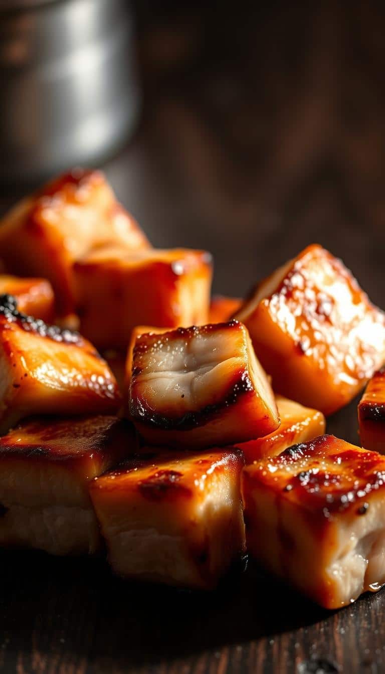 A close-up shot of mouthwatering pork belly bites, seared to a crisp golden-brown exterior with a glistening layer of rendered fat. The cubes of tender pork are arranged artfully on a dark wooden surface, casting dramatic shadows. The lighting is soft and warm, accentuating the depth of color and texture - the charred edges contrasting with the juicy, succulent interior. The overall mood is one of rustic elegance, inviting the viewer to imagine the satisfying crunch and savory flavors of these irresistible pork belly morsels.
