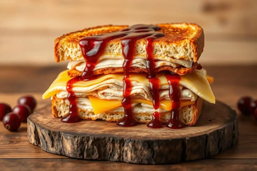 A delectable applewood smoked turkey melt sandwich rests atop a rustic wooden surface, its golden-brown bread glistening under warm studio lighting. The thick slices of juicy turkey are layered with melted swiss cheese, creating a harmonious blend of savory and creamy textures. A vibrant cranberry whiskey glaze drizzles elegantly across the sandwich, adding a touch of tangy sweetness that complements the smoky, comforting flavors. The composition is framed by a minimalist background, allowing the sandwich to take center stage and evoke a sense of artisanal craftsmanship and indulgence.