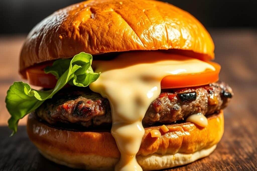 A juicy, smoky burger with a thick slice of whiskey-smoked Gouda cheese, dripping with a creamy roasted garlic sauce, nestled between a soft, toasted brioche bun. The patty sizzles as it's grilled to perfection, caramelized edges giving way to a tender, pink center. Roasted garlic cloves infuse the rich, velvety sauce, complementing the deep, complex flavors of the whiskey-infused cheese. Vibrant green lettuce leaves and a slice of ripe tomato provide a fresh contrast, while the bun's golden crust glistens invitingly. Dramatic lighting casts dramatic shadows, highlighting the burger's enticing textures and mouthwatering details.