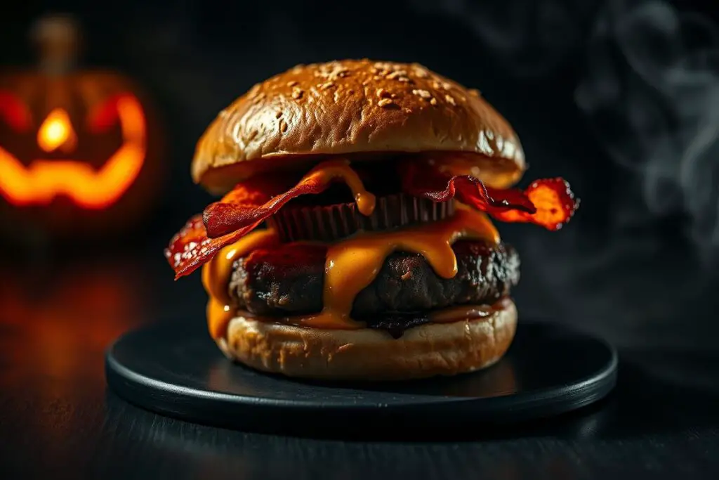 A mouthwatering Halloween-themed burger, with a juicy beef patty, melted Reese's Peanut Butter Cup, crispy bacon, and a spooky orange-tinted drizzle. The burger is presented on a black bun, casting an ominous shadow across the table. Dim, moody lighting creates an atmospheric, spooky setting, while a shallow depth of field focuses the viewer's attention on the delectable details of the burger. Wispy fog or smoke swirls around the edges, adding to the eerie, haunting ambiance. The overall composition evokes the spirit of the Halloween season, enticing the viewer to take a bite of this devilishly delicious creation.