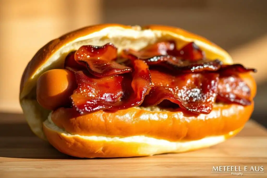 A mouthwatering close-up of a maple bourbon candied bacon pretzel dog. In the foreground, a golden-brown pretzel bun envelops a plump, juicy hot dog, its surface caramelized with a glistening layer of maple-infused candied bacon. The bacon's crisp edges and caramelized sugar create a textural contrast against the soft, pillowy pretzel. Soft, natural lighting illuminates the scene, casting a warm, inviting glow and highlighting the rich, amber-hued maple bourbon glaze that coats the bacon. The middle ground features a subtle background of wood grain or rustic surface, suggesting a homemade, artisanal quality. The overall composition and lighting evoke a comforting, indulgent atmosphere, perfectly capturing the essence of the "Maple Bourbon Candied Bacon Pretzel Dog".