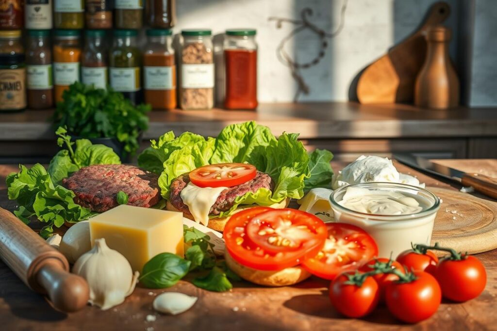 A rustic kitchen table, its surface scattered with an assortment of ingredients for a whiskey-smoked Gouda burger: freshly ground beef, creamy Gouda cheese, crisp romaine lettuce, juicy tomatoes, and a fragrant roasted garlic cream sauce. In the background, jars of spices and herbs line the shelves, casting warm shadows across the scene. The lighting is soft and natural, highlighting the textures and colors of the ingredients. A rolling pin, wooden cutting board, and chef's knife sit nearby, ready for the preparation process. The overall mood is one of cozy, homemade indulgence, perfect for capturing the essence of this delectable burger recipe.