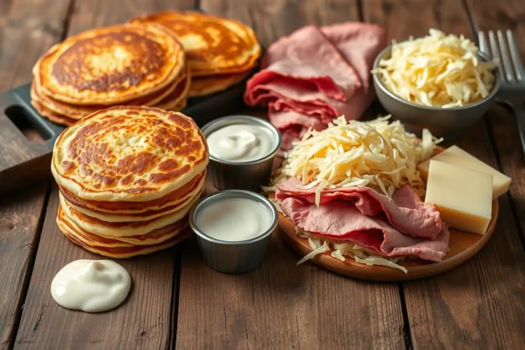 A rustic wooden table, its surface worn with time, is the stage for an array of ingredients that promise a mouthwatering German Potato Pancake Reuben Stack. In the foreground, a stack of golden-brown potato pancakes, their crisp edges beckoning. Alongside, thick-cut slices of roasted corned beef, the signature protein of a Reuben sandwich. Sauerkraut, its tangy aroma filling the air, sits in a small bowl, ready to be piled high. Dollops of creamy Russian dressing and slices of Swiss cheese complete the scene, hinting at the flavor symphony to come. Soft, indirect lighting casts a warm glow, emphasizing the hearty, comforting nature of this iconic dish. The camera's angle captures the ingredients from a slightly elevated perspective, inviting the viewer to imagine assembling the perfect Reuben stack.