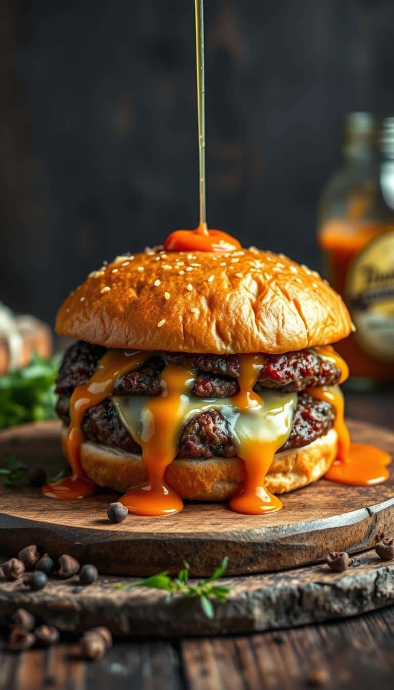 A succulent buffalo blue cheese smash burger with a dripping buttery hot sauce, shot with a macro lens in soft, diffused lighting to highlight the juicy patty, melted cheese, and glistening sauce. The burger is placed on a rustic wooden surface, surrounded by scattered ingredients like fresh herbs, peppercorns, and a splash of hot sauce, creating a mouthwatering, artisanal composition. The overall mood is bold, flavorful, and indulgent, perfectly capturing the essence of the "Buffalo Blue Cheese Smash Burger with Buttery Hot Sauce Drip" recipe.
