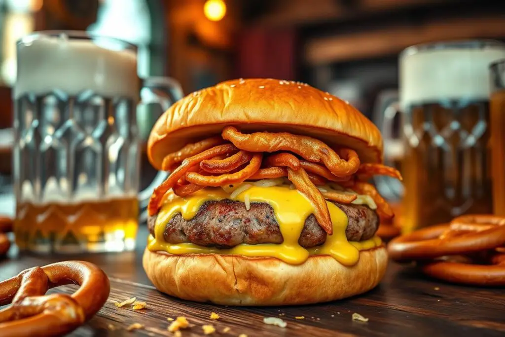 A succulent, juicy pork patty nestled between a soft, toasted brioche bun, smothered in a rich and creamy mustard sauce, garnished with vibrant sauerkraut and crisp, golden-brown onion rings. The burger is set against a backdrop of a traditional Bavarian-style wooden table, surrounded by the festive atmosphere of Oktoberfest, with a stein of frothy beer and a scatter of pretzels in the foreground. Warm, golden lighting casts a cozy glow, capturing the essence of this iconic German celebration.