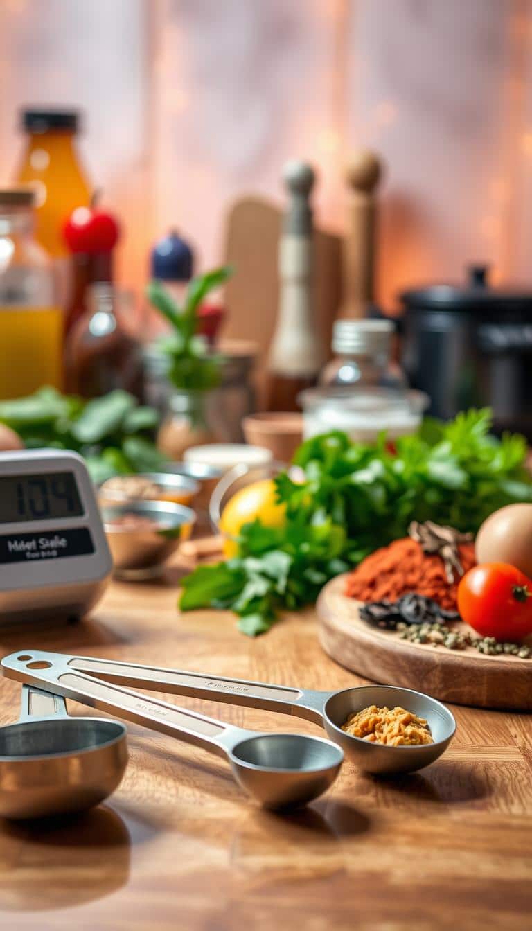 A vibrant tabletop scene featuring a set of measuring spoons, a digital kitchen timer, and various food ingredients arranged in an orderly fashion. The foreground showcases the precise measuring tools, conveying the importance of exact measurements in cooking. The middle ground displays fresh herbs, spices, and other key ingredients for the recipe, artfully displayed against a backdrop of soft, warm lighting that creates a cozy, inviting atmosphere. The overall composition emphasizes the time-sensitive and ingredient-focused nature of the dish, reflecting the "Nutrition, Serving Size, and Time Notes" section of the article.