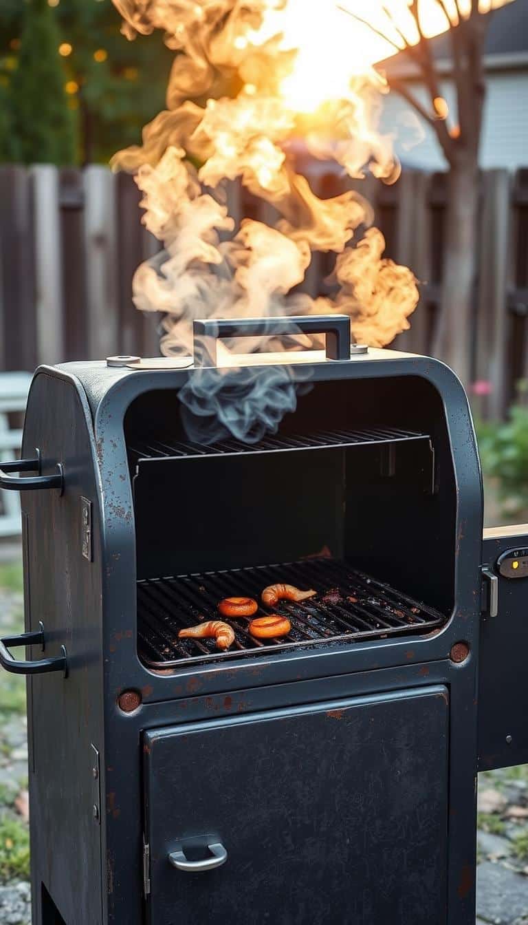 A weathered, rugged smoker standing in a backyard, ready to take on the task of slow-cooking succulent pork belly. The smoker's exterior is a mix of steel and cast iron, with a well-worn patina that speaks of countless BBQ sessions. The grill grates inside are glistening with the remnants of past culinary triumphs, while a billowing plume of fragrant smoke emerges from the exhaust vent, hinting at the flavorful magic about to unfold. The scene is bathed in the warm, golden glow of a setting sun, casting long shadows and a cozy, inviting atmosphere perfect for a delectable Peach Whiskey Pork Belly dish.