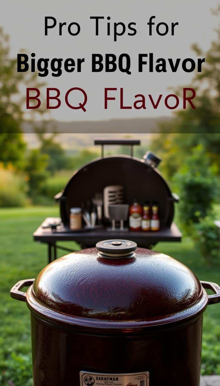 A well-seasoned, cast-iron BBQ smoker stands in the foreground, its rustic exterior gleaming under warm, natural lighting. The smoker's lid is slightly ajar, revealing a tantalizing glimpse of the smoldering wood chips within. In the middle ground, a selection of BBQ tools and seasonings are neatly arranged, suggesting the careful preparation and attention to detail that goes into crafting the perfect smoked dish. The background depicts a picturesque outdoor setting, with lush greenery and a hazy, golden-hour sky, evoking a sense of tranquility and the joy of backyard entertaining. This image conveys the essence of "Pro Tips for Bigger BBQ Flavor" - a harmonious blend of skilled technique, quality equipment, and the appreciation for the art of slow-cooked, wood-smoked deliciousness.