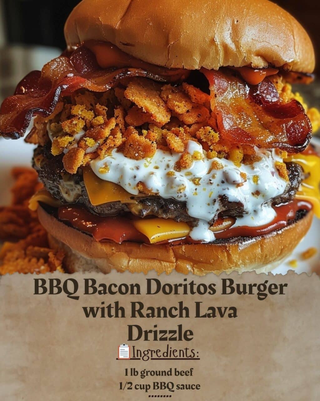 BBQ Bacon Doritos Burger with Ranch Lava Drizzle