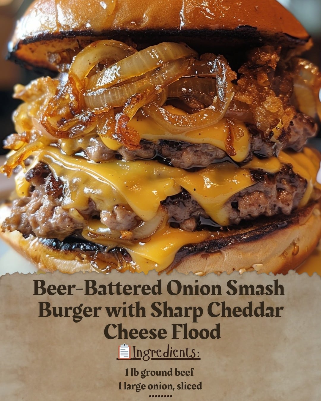 Beer-Battered Onion Smash Burger with Sharp Cheddar Cheese Flood