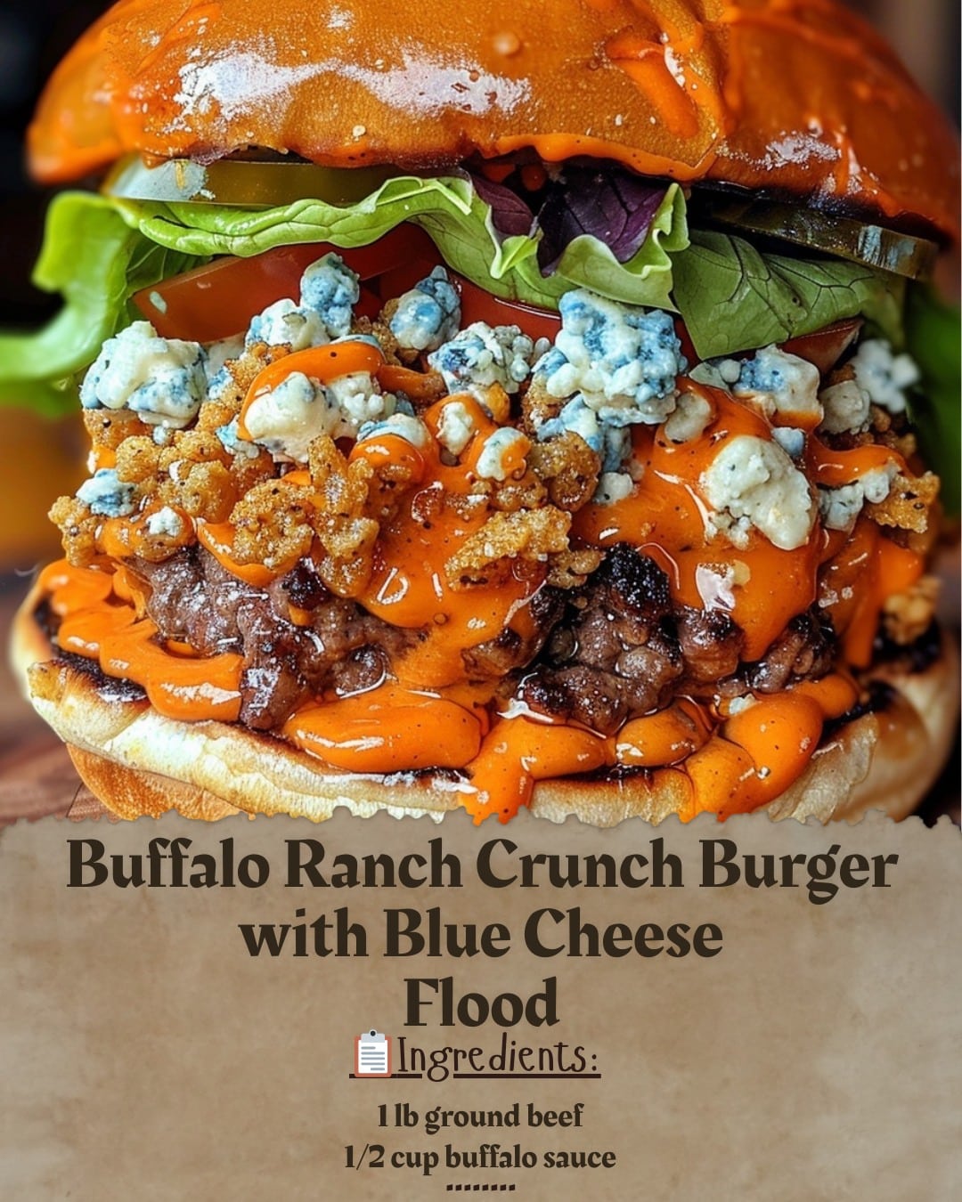 Buffalo Ranch Crunch Burger with Blue Cheese Flood