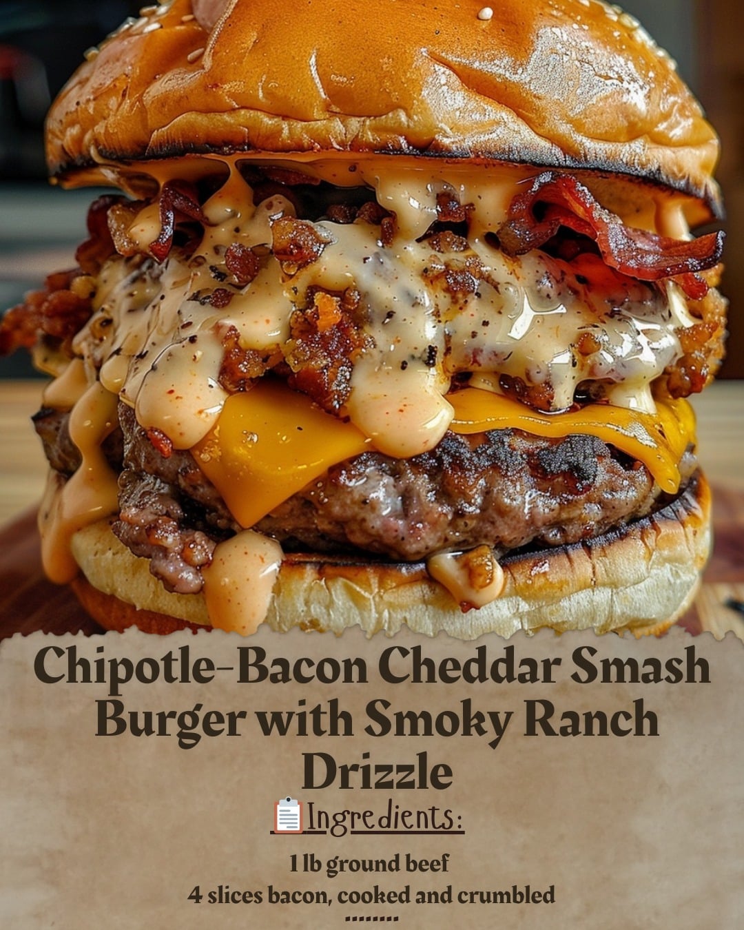Chipotle-Bacon Cheddar Smash Burger with Smoky Ranch Drizzle