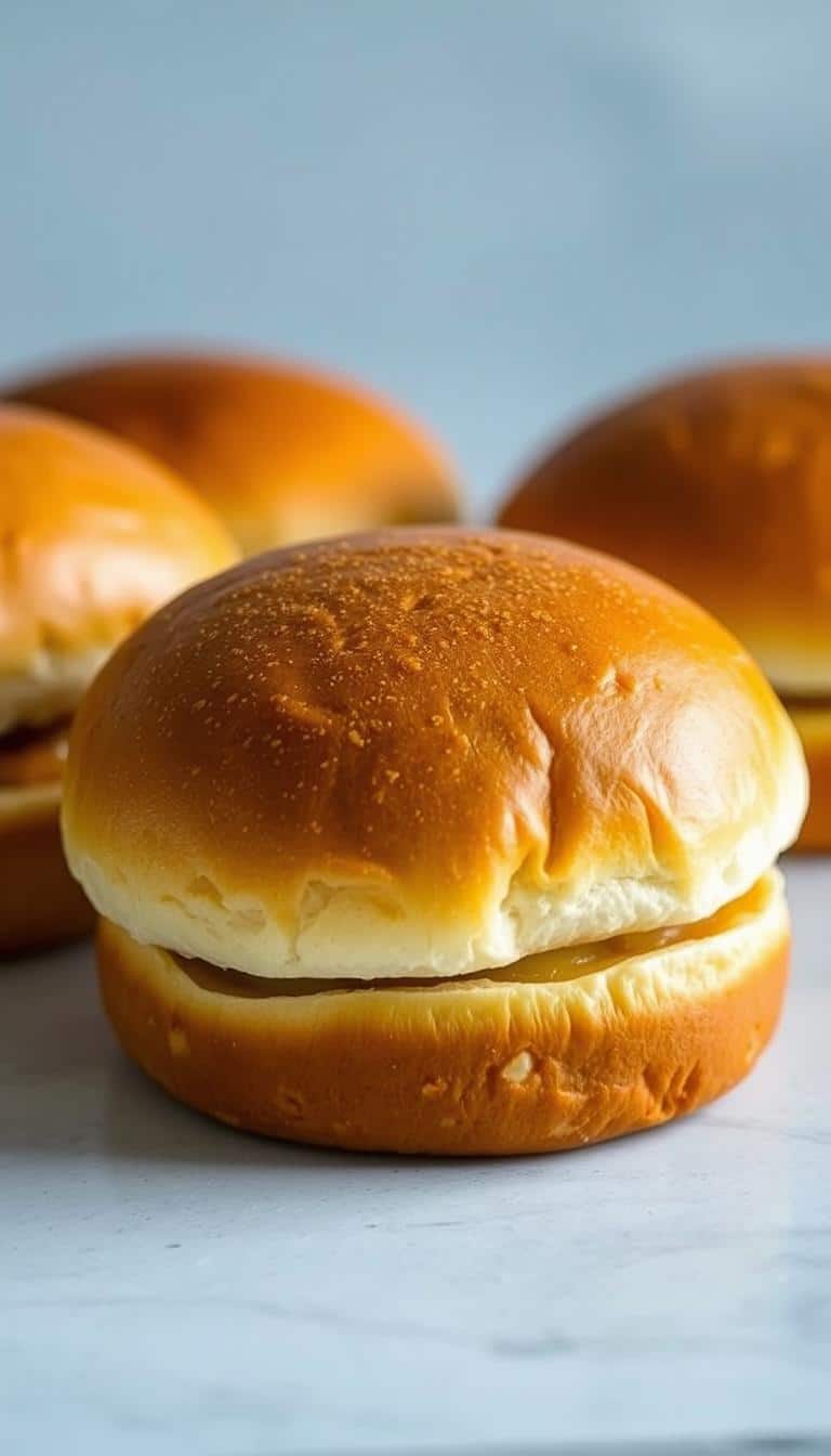 Freshly baked hamburger buns, golden-brown and lightly textured, glistening with a subtle sheen. The top buns slightly domed, the bottom buns flattened, creating a perfect vessel to hold a juicy burger. Captured in a natural, soft-lit environment, the buns appear inviting and ready to be assembled into a mouthwatering creation. The buns are the focal point, with a clean, minimal background that allows them to shine. The overall composition is balanced and pleasing, reflecting the careful attention to detail required to "Assemble the Burger Like a Pro".