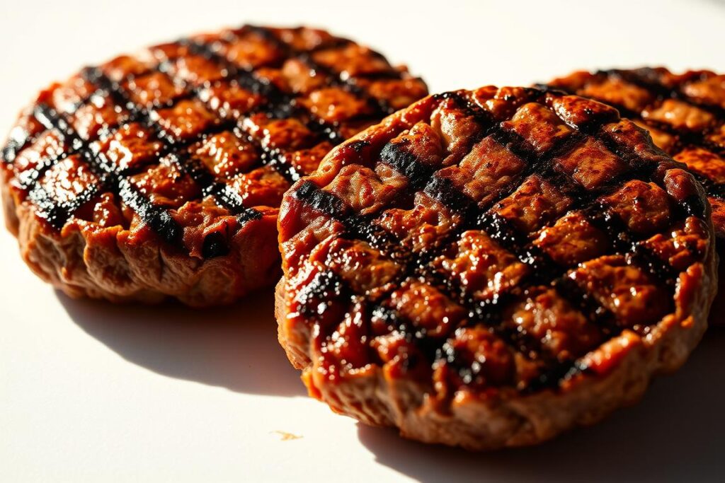 High-contrast close-up photograph of freshly grilled beef patties, glistening with caramelized juices, resting on a clean white surface. The patties have a deep brown sear on the exterior, revealing a tender, juicy interior. Subtle shadows cast by the patties create depth and dimension. Warm, natural lighting illuminates the scene, highlighting the mouthwatering texture and aroma of the meat. The composition is clean and minimalist, focusing the viewer's attention solely on the beautifully crafted patties.