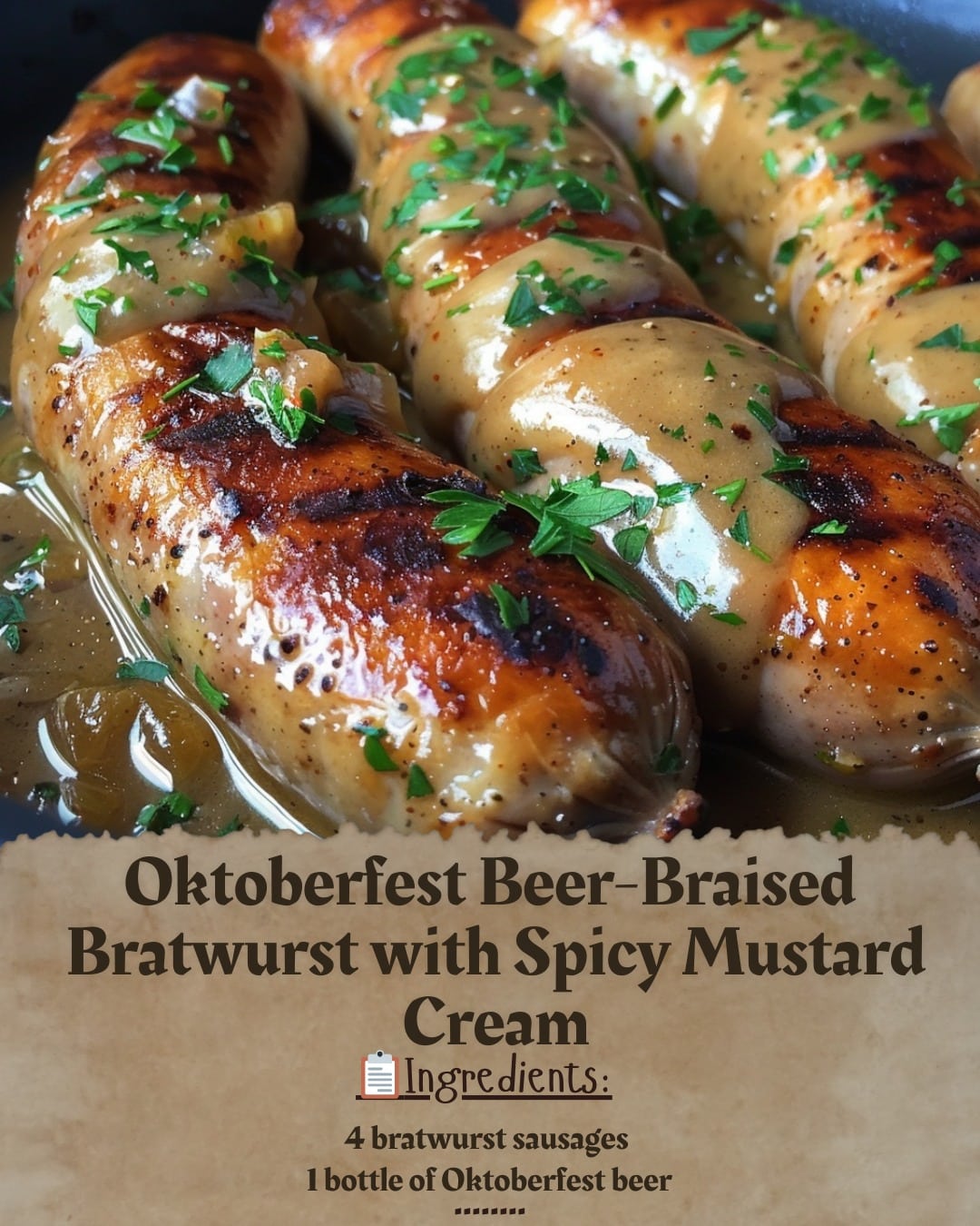 Oktoberfest Beer-Braised Bratwurst with Spicy Mustard Cream
