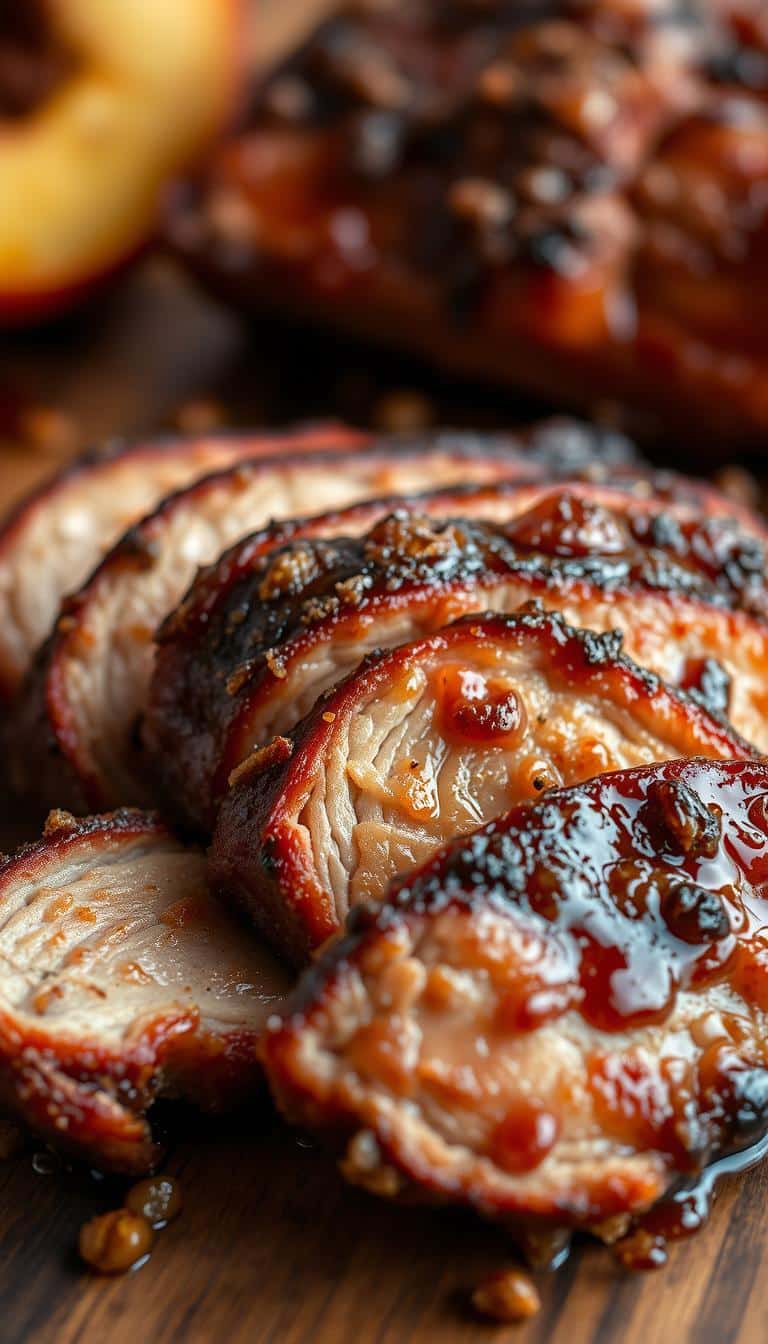 Peach whiskey-glazed pork belly with a crisp, caramelized brown sugar crust. The pork glistens under warm, soft lighting, showcasing its juicy, tender texture. Succulent slices are arranged artfully, accentuating the interplay of sweet, smoky, and savory flavors. Hints of peach and oak linger in the air, creating an inviting and mouthwatering atmosphere. The image is captured from a slightly elevated angle, highlighting the pork's rich, mahogany hue and the caramelized sugar's glistening finish. A sense of rustic elegance pervades the scene, drawing the viewer in to savor the dish's tempting aroma and flavor.