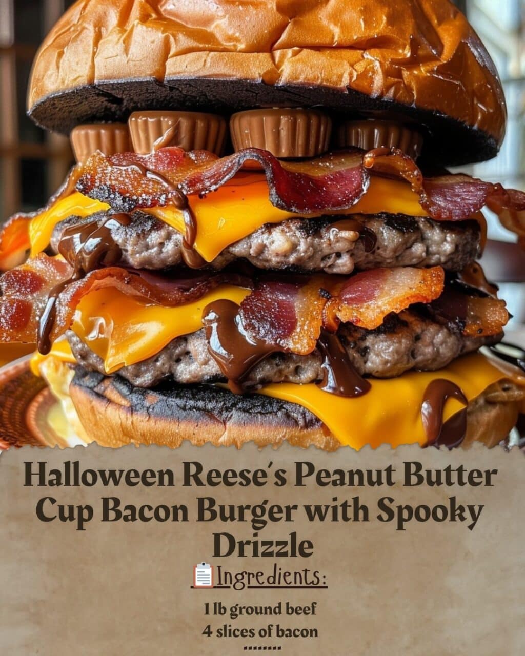 My Halloween Reese's Peanut Butter Cup Bacon Burger with Spooky Drizzle