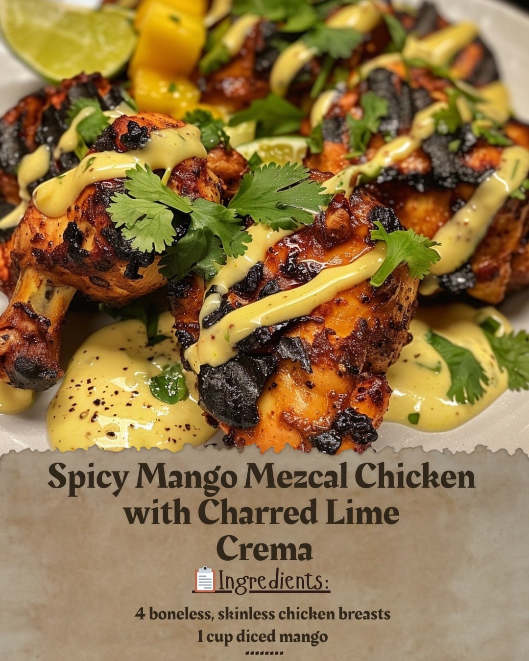 Spicy Mango Mezcal Chicken with Charred Lime Crema
