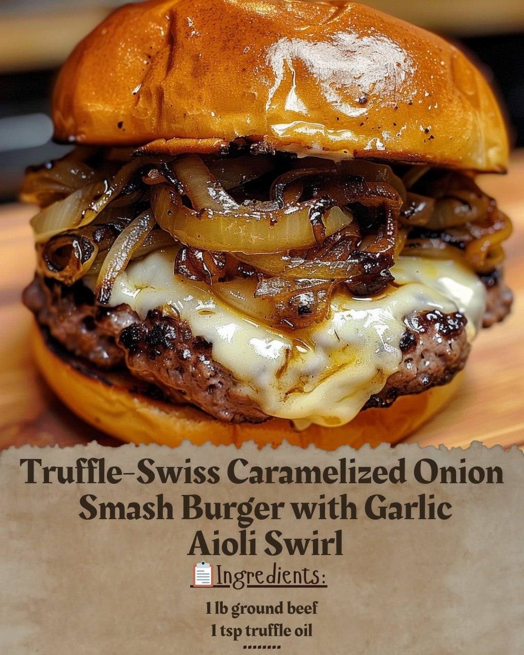 Truffle-Swiss Caramelized Onion Smash Burger with Garlic Aioli Swirl