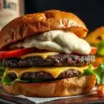 Whiskey-Smoked Gouda Burger with Roasted Garlic Cream Sauce