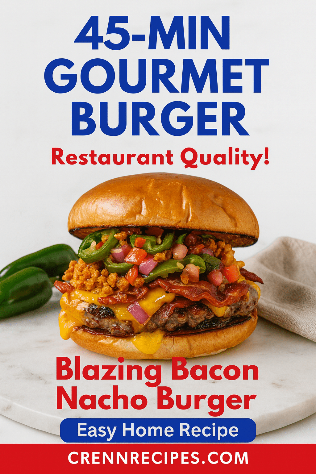 Blazing Bacon Nacho Bomb Burger Pinterest recipe pin - 45-minute gourmet burger bacon blaze jalapeño burger