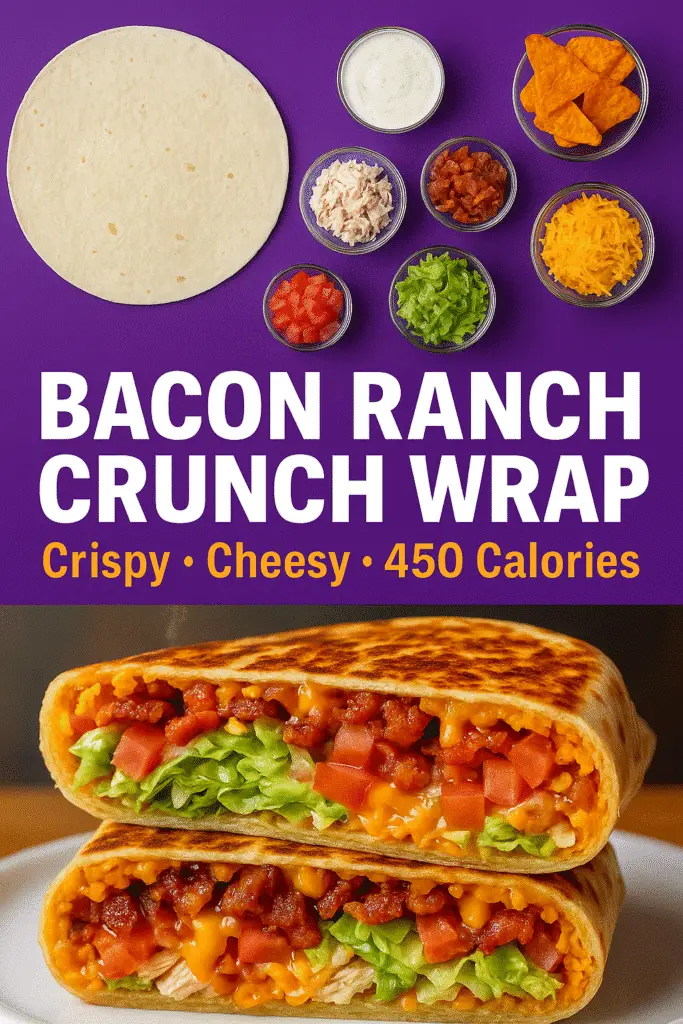 Bacon Ranch Crunch Wrap Pinterest pin featuring layered ingredients with Hidden Valley ranch and premium rotisserie chicken cross-section