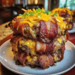 Bacon-wrapped cheesy carnivore tower with melted cheddar core and crispy exterior on premium serving platter