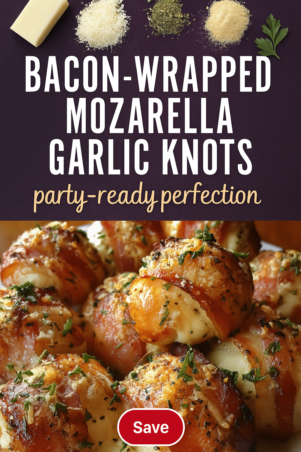 Pinterest recipe pin showing bacon-wrapped mozzarella garlic knots with seasoning ingredients and final presentation