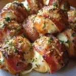 Bacon-wrapped mozzarella garlic knots with golden crispy edges and melted cheese center on wire cooling rack