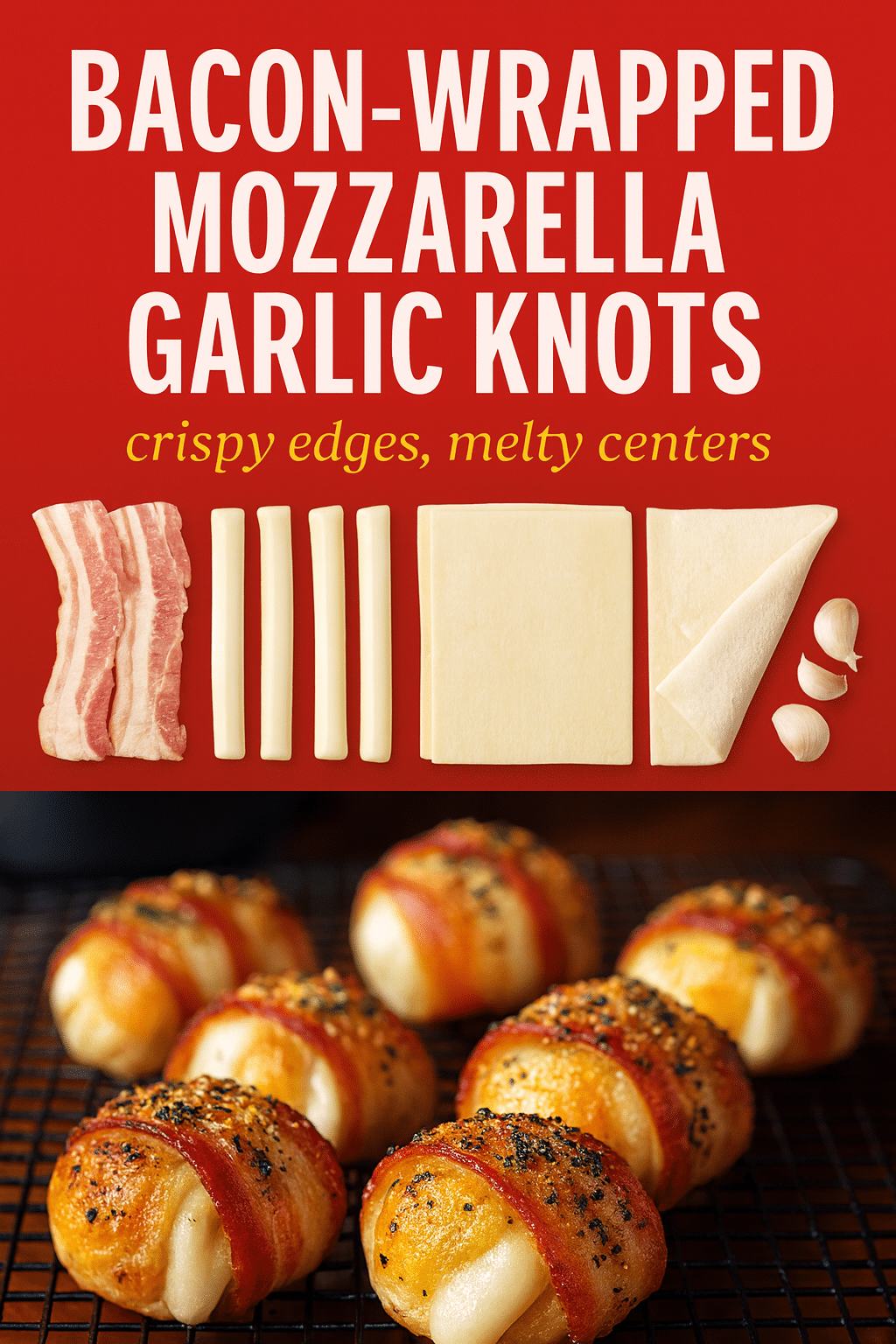 Pinterest pin for bacon-wrapped mozzarella garlic knots recipe with ingredient showcase and finished dish